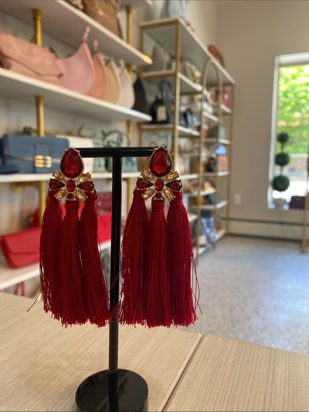 Red Tassel Drop Earrings with Crystal Accents